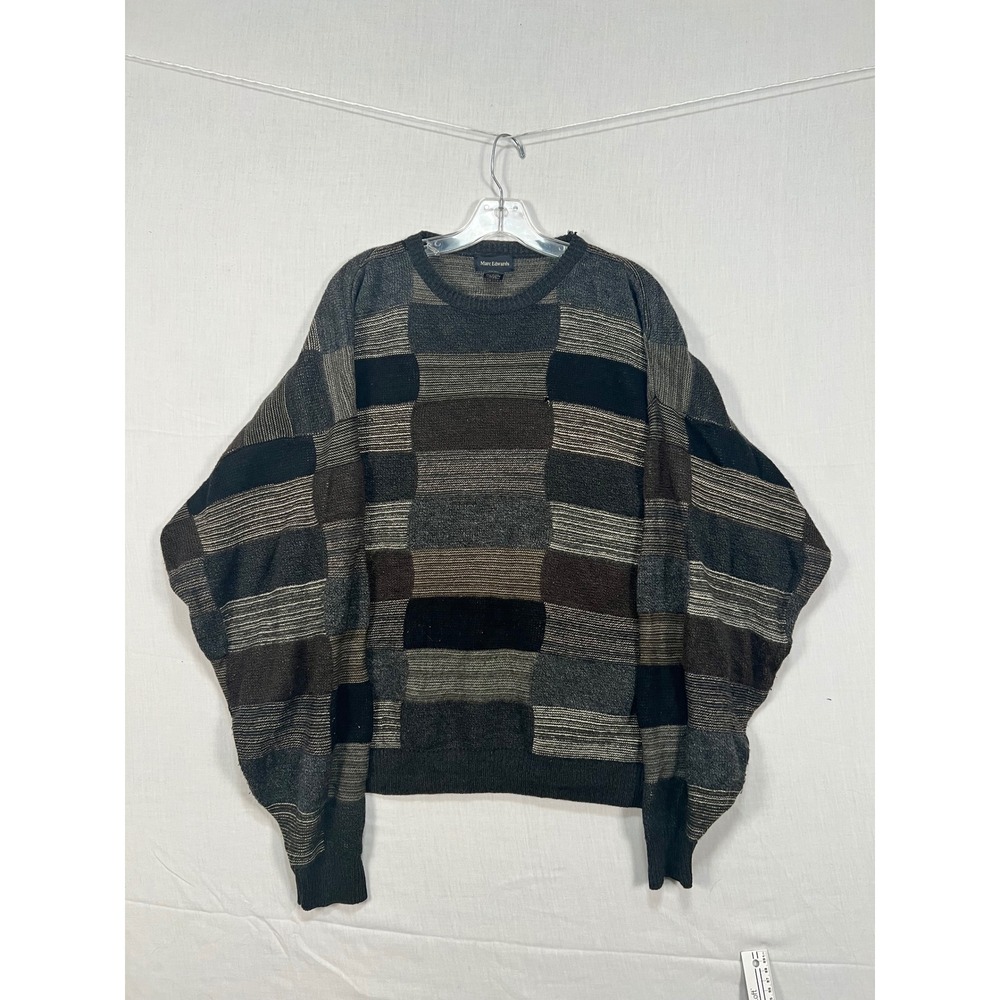 Marc Edwards Mens XL Patchwork Block Knit Sweater Grey Brown Black 90s Vintage